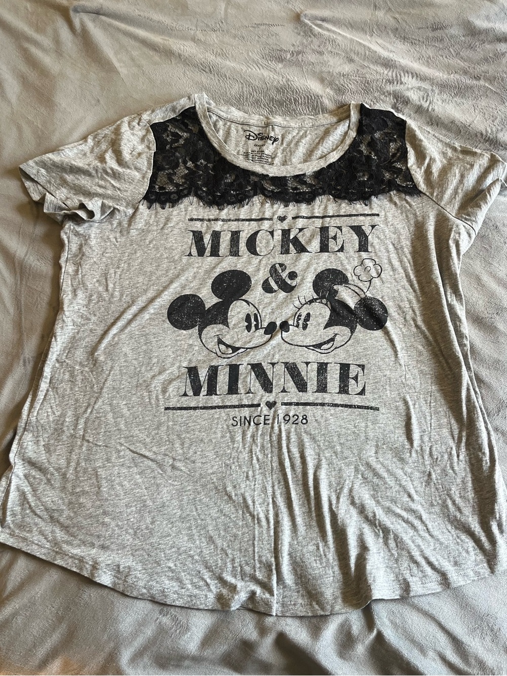 Torrid Disney Gray Tee with Black Mickey & Minnie Graphic and Lace Yoke size 1